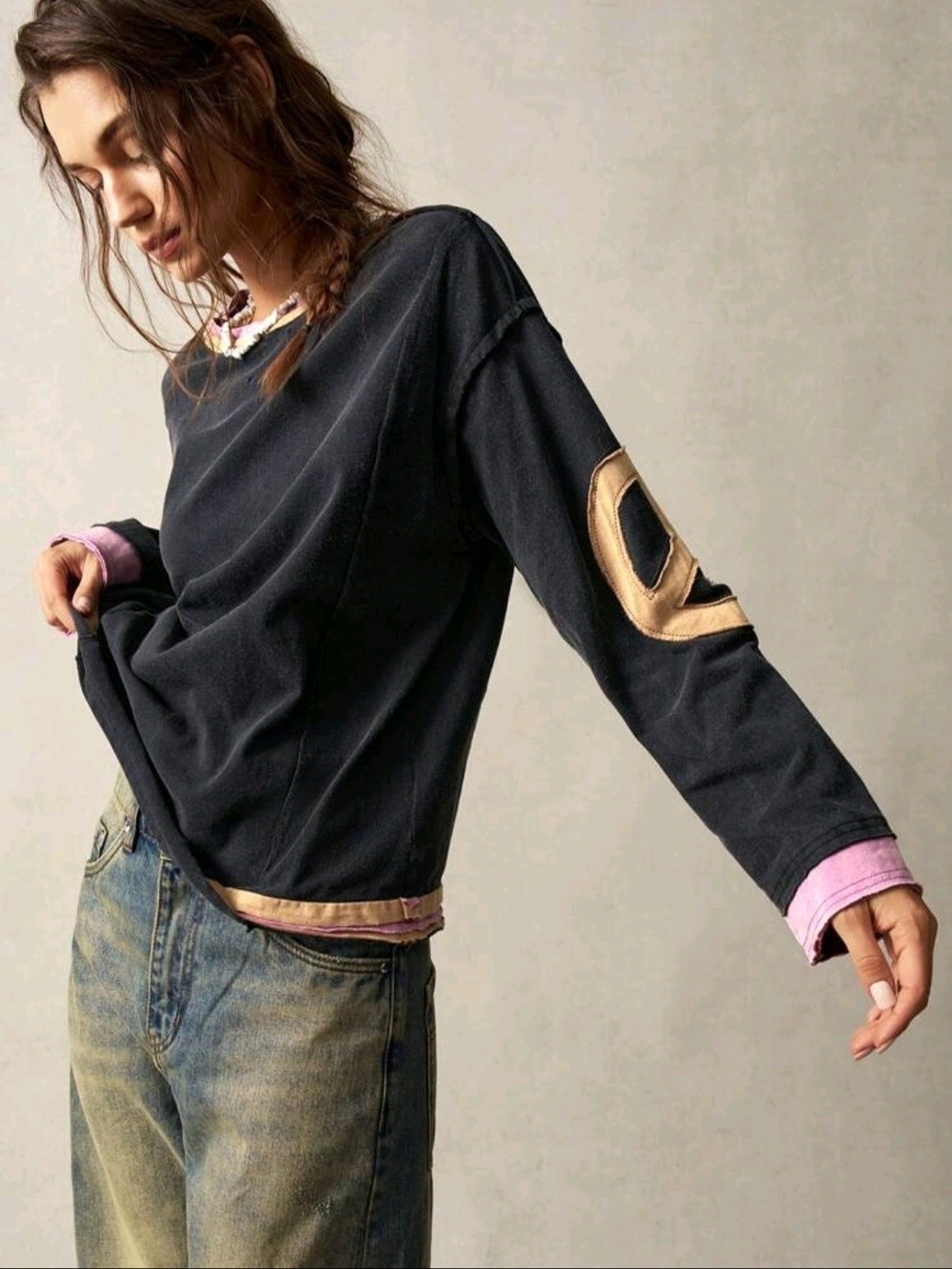 Boho Vintage-Inspired Black Long Sleeve Women's Top with Peace Patch Detail